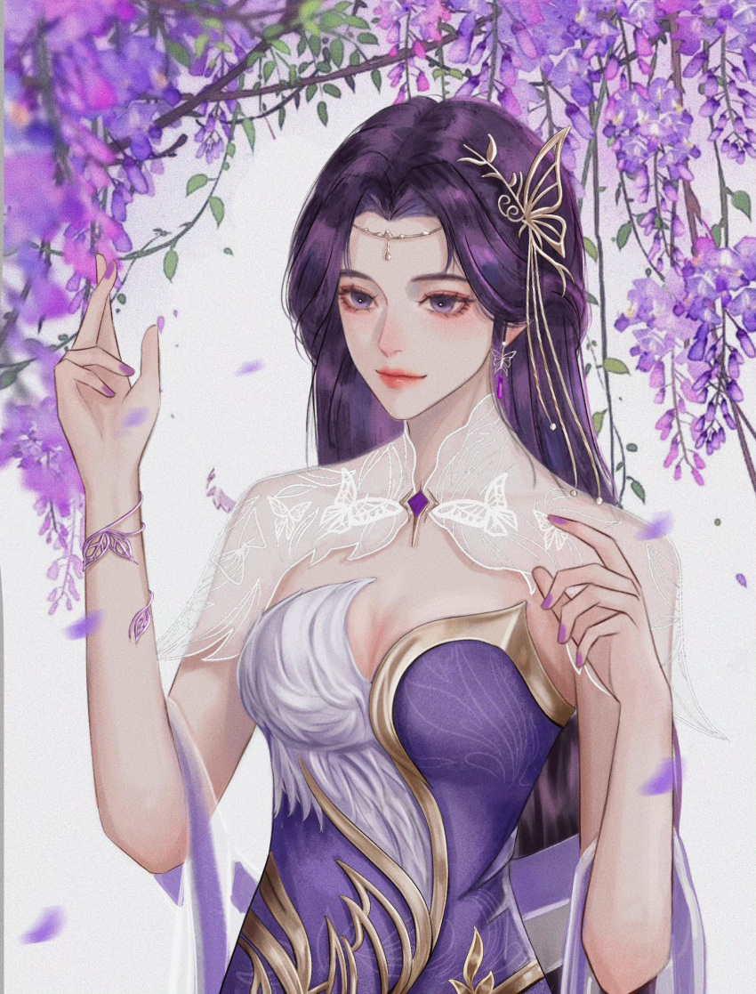 1girl absurdres blush closed_mouth dress earrings falling_leaves flower hair_ornament highres jewelry leaf long_hair looking_to_the_side purple_dress purple_hair second-party_source smile solo upper_body violet_eyes wanmei_shijie white_background wisteria yun_xi_(wanmei_shijie)