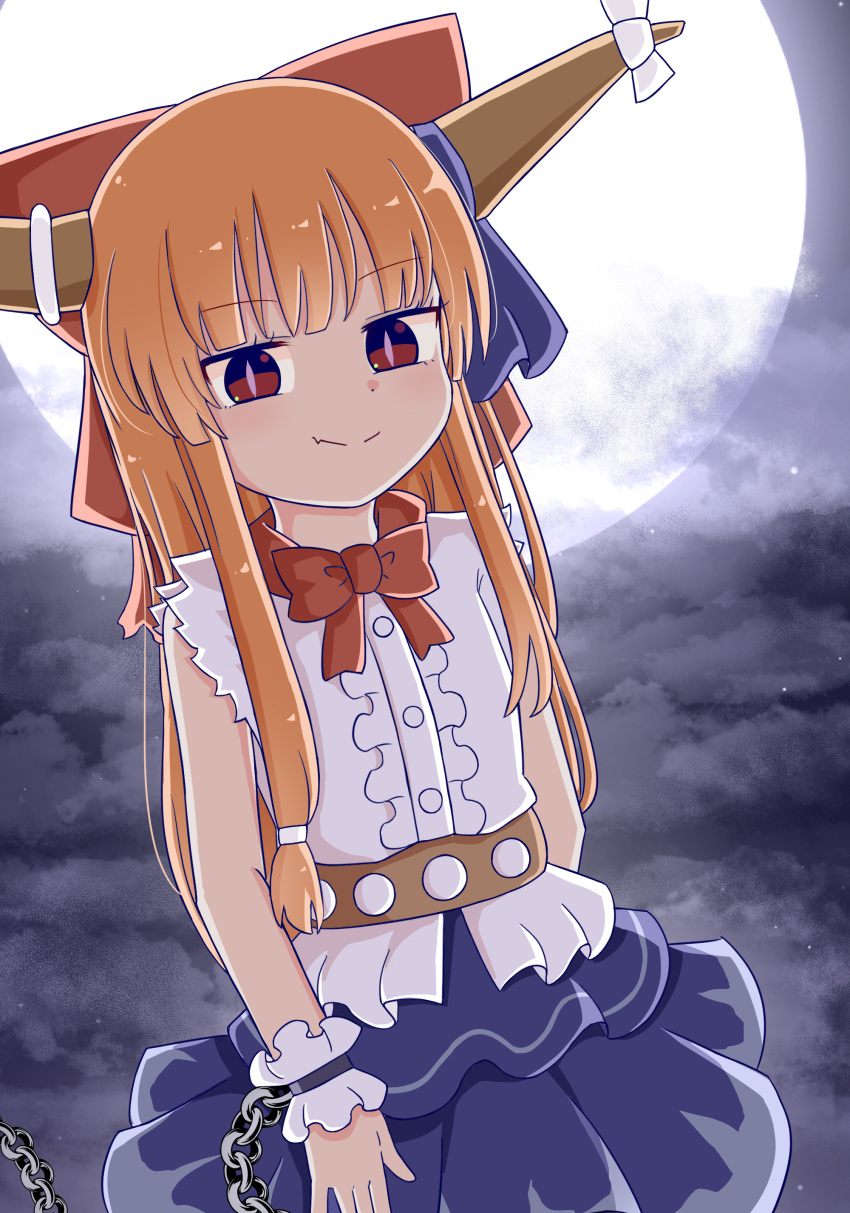 1girl absurdres bangs blue_skirt bow closed_mouth fang full_moon hair_bow highres horn_ornament horn_ribbon horns ibuki_suika long_hair looking_at_viewer low-tied_long_hair moon orange_hair outdoors purple_ribbon red_bow red_eyes ribbon rozugadena shirt sidelocks skin_fang skirt smile solo torn_clothes torn_sleeves touhou white_shirt wrist_cuffs