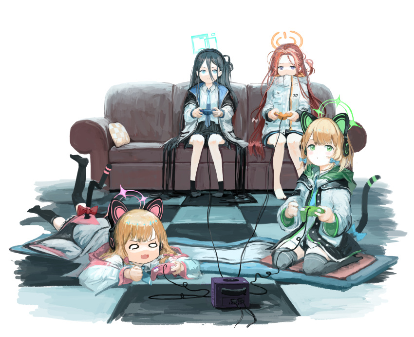 4girls :3 absurdly_long_hair absurdres arisu_(blue_archive) bangs bare_legs barefoot black_hair black_hairband black_skirt black_socks black_thighhighs blank_eyes blonde_hair blue_archive blue_bow blue_eyes blue_jacket blue_necktie bow braid cat_ear_headphones clenched_hand closed_mouth collared_shirt concentrating controller fake_tail game_console game_controller gamecube gamecube_controller green_eyes green_jacket hair_between_eyes hair_bow hairband halo headphones highres holding holding_controller holding_game_controller hood hooded_jacket jacket k6tetsu long_bangs long_hair long_sleeves looking_at_viewer lying midori_(blue_archive) momoi_(blue_archive) multicolored_clothes multicolored_jacket multiple_girls necktie on_stomach one_side_up open_mouth pink_jacket red_bow redhead shirt simple_background sitting skirt socks tail tail_bow tail_ornament tearing_up thigh-highs tile_floor tiles two-sided_fabric two-sided_jacket very_long_hair wariza white_background white_jacket white_shirt wide_sleeves wire yuzu_(blue_archive)