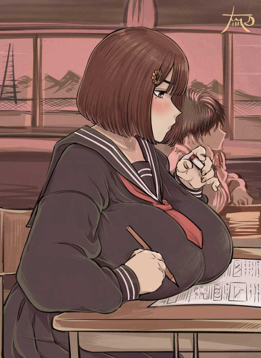 1girl 2boys black_serafuku blush bob_cut breasts brown_hair classroom desk faceless faceless_male flower from_side hair_flower hair_ornament highres holding holding_pencil huge_breasts inconvenient_breasts multiple_boys necktie original paper pencil pleated_skirt power_lines red_eyes red_necktie sailor_collar school_desk school_uniform serafuku short_hair signature skirt tsukiyama_ytk window