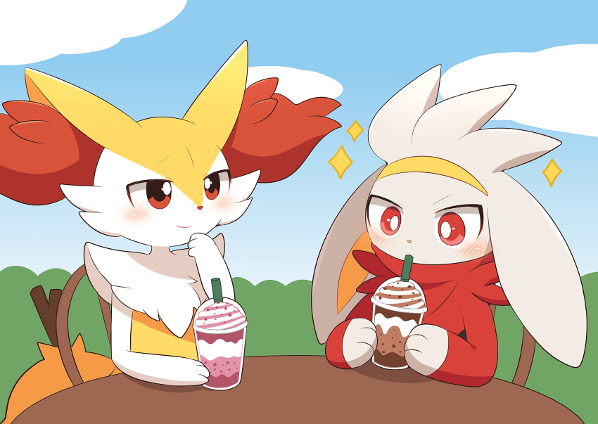 1girl 1other animal_ear_fluff animal_ears animal_hands animal_nose blue_sky blush body_fur braixen bright_pupils bush chair closed_mouth clouds commentary_request cup day disposable_cup drink drinking drinking_straw flat_chest fox_ears fox_girl fox_tail frappuccino fur_collar furry furry_female grey_fur hand_to_own_mouth hand_up happy highres holding holding_cup holding_drink looking_at_another looking_down on_chair open_mouth outdoors partial_commentary pokemon pokemon_(creature) rabbit_ears raboot red_eyes red_fur sitting sketch sky smile stick subaru331 table tail two-tone_fur upper_body white_fur white_pupils wide-eyed yellow_fur