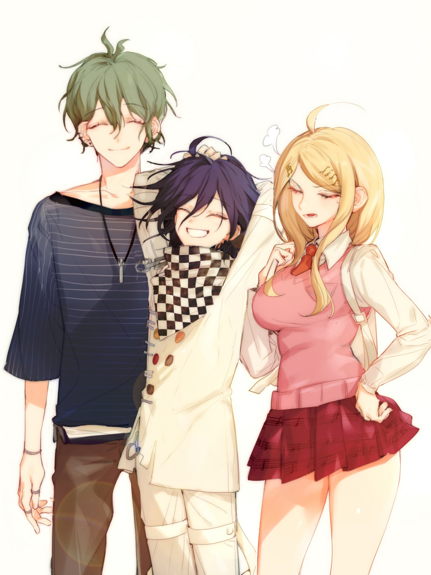 1girl 2boys =3 ahoge akamatsu_kaede amami_rantarou antenna_hair backpack bag bangs blonde_hair blue_shirt bracelet brown_pants chain checkered_clothes checkered_scarf chinese_commentary closed_eyes closed_mouth coat collarbone collared_shirt commentary_request danganronpa_(series) danganronpa_v3:_killing_harmony ear_piercing facing_viewer green_hair grin headpat highres holding_strap jewelry lens_flare long_hair long_sleeves lower_teeth multiple_boys musical_note musical_note_print necklace necktie open_mouth ouma_kokichi pants parted_bangs piercing purple_hair red_necktie red_skirt ring scarf shirt short_hair simple_background skirt smile striped striped_shirt sweatdrop teeth tian_(my_dear) white_background white_bag white_coat white_pants white_shirt