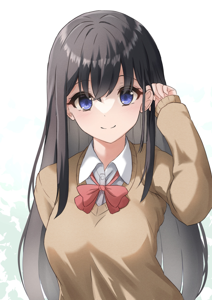 1girl absurdres bangs black_hair blue_eyes bow breasts brown_sweater closed_mouth collared_shirt commentary_request dress_shirt hair_behind_ear hair_between_eyes hair_tucking hand_up highres long_hair long_sleeves looking_at_viewer medium_breasts original red_bow school_uniform shirt sleeves_past_wrists smile solo sweater tan_(kiriya0752) upper_body very_long_hair white_shirt