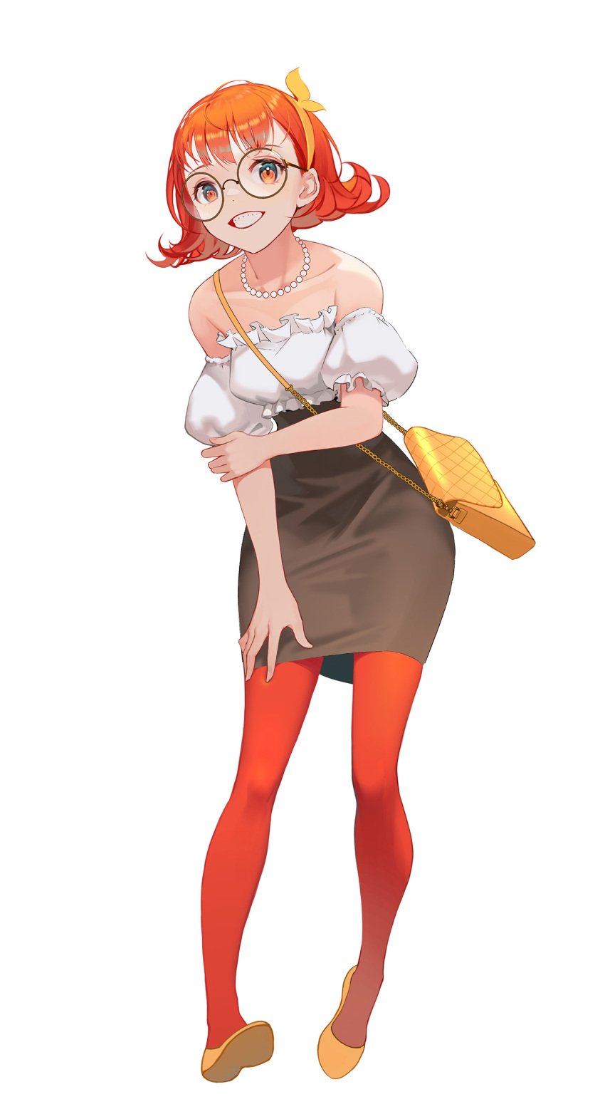 1girl absurdres bag bare_arms bare_shoulders black_skirt breasts collarbone curly_hair detached_sleeves flats frilled_shirt frilled_sleeves frills full_body glasses grin hairband hand_on_own_arm hand_on_own_thigh high-waist_skirt highres jewelry medium_hair miniskirt necklace orange_eyes orange_hair orange_pantyhose original pantyhose pearl_necklace pencil_skirt peter_pan_(adtc7243) puffy_short_sleeves puffy_sleeves round_eyewear shirt short_sleeves shoulder_bag skirt smile solo strapless strapless_shirt teeth white_background white_shirt yellow_bag yellow_footwear yellow_hairband