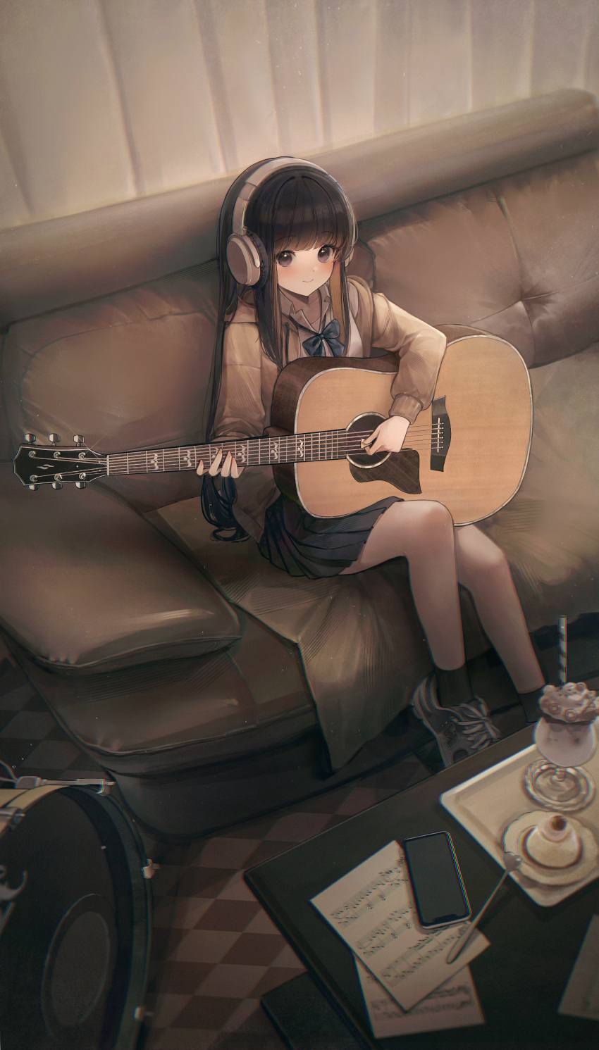 1girl absurdres acoustic_guitar bangs black_hair black_socks blue_bow blush bow bowtie brown_coat cellphone closed_mouth coat collared_shirt commentary couch curtains foot_out_of_frame grey_footwear guitar headphones highres holding holding_instrument instrument long_hair lunia music on_couch original phone playing_instrument school_uniform sheet_music shirt shoes sidelocks sitting smartphone smile sneakers socks symbol-only_commentary table white_shirt