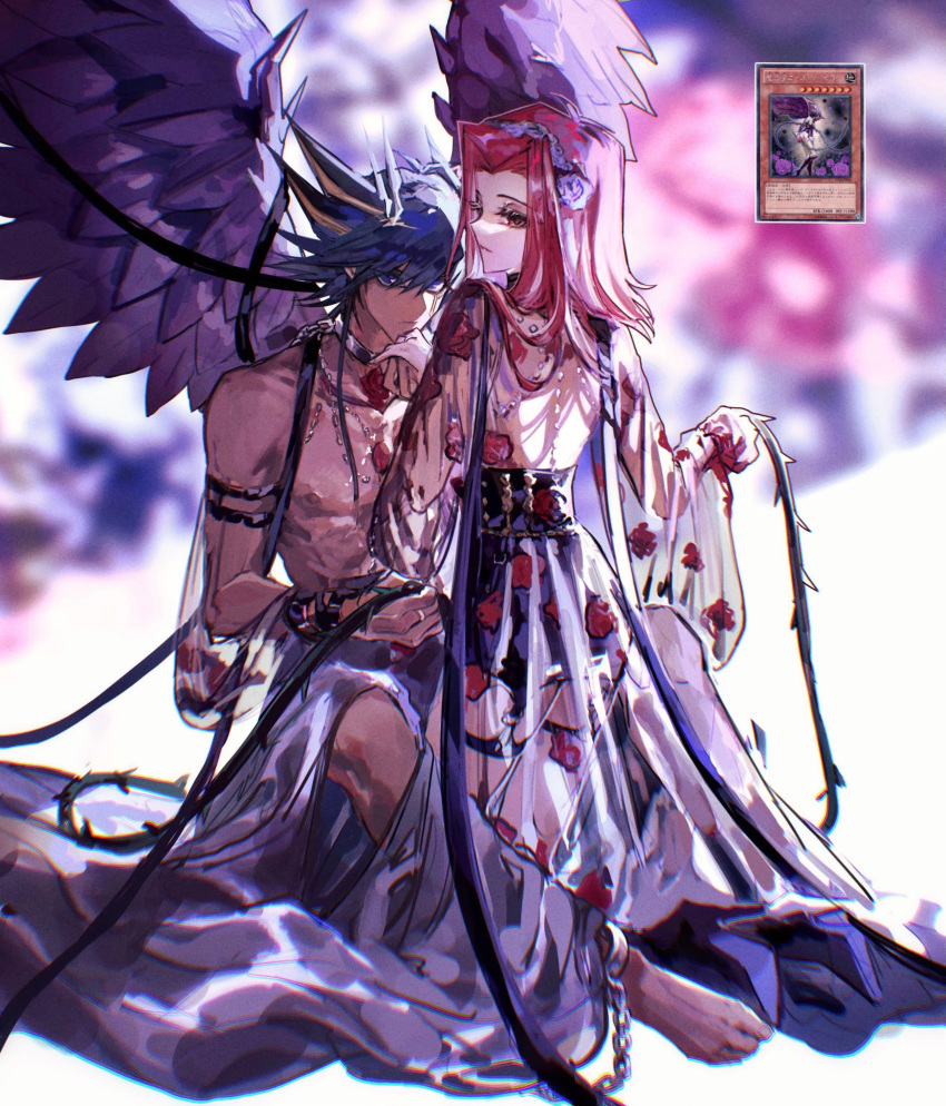 1boy 1girl absurdres alternate_costume barefoot black_hair blonde_hair blue_eyes blurry blurry_background brown_eyes card collarbone cuffs dress duel_monster fallen_angel_of_roses feathered_wings fudou_yuusei hair_intakes highres izayoi_aki long_hair long_sleeves multicolored_hair naoki_(2rzmcaizerails6) nipples redhead shackles shiny shiny_hair spiky_hair topless two-tone_hair wide_sleeves wings yu-gi-oh! yu-gi-oh!_5d's
