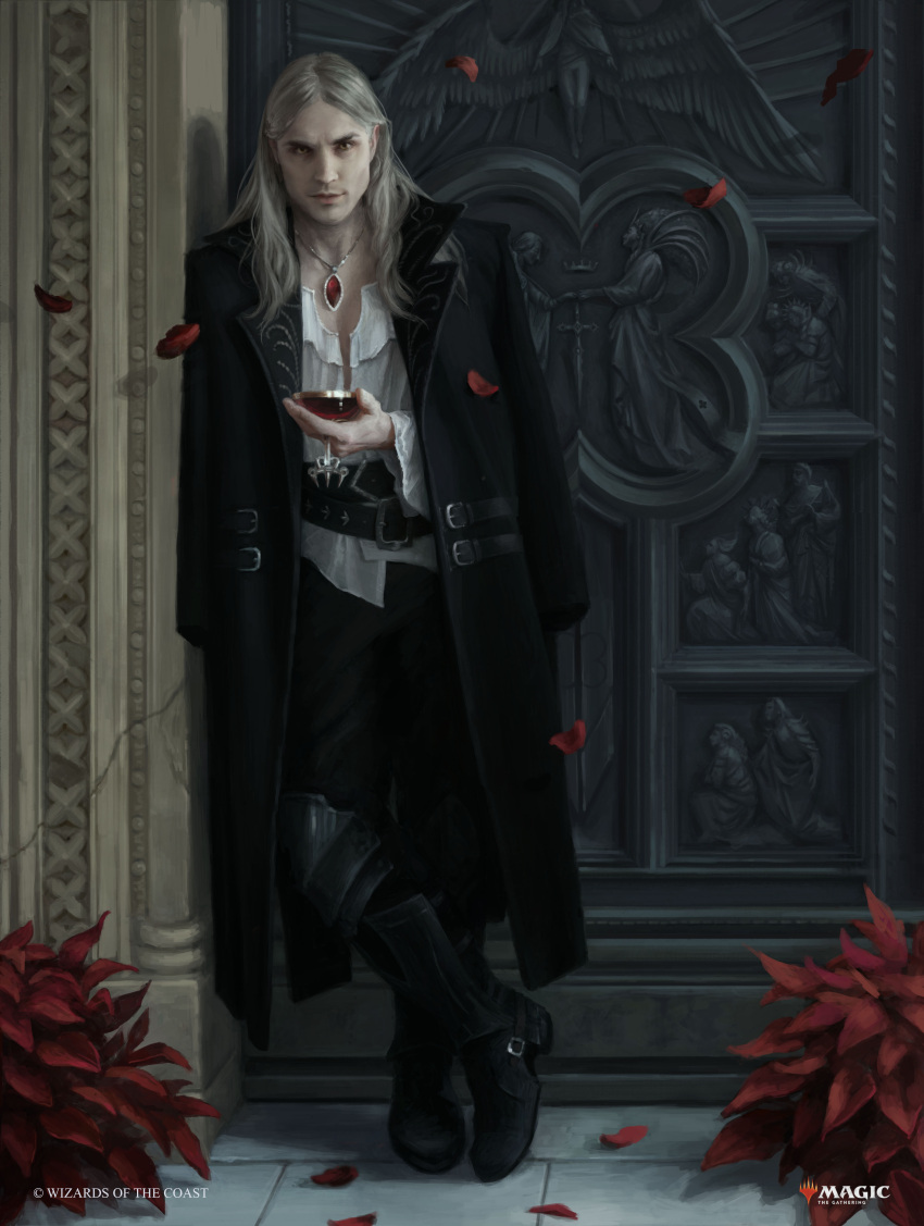 1boy absurdres alternate_costume armor black_jacket black_pants blood boots company_name copyright_name cup door drinking_glass flower formal highres innistrad_(plane) jacket jacket_on_shoulders long_hair magic:_the_gathering male_focus martina_fackova official_alternate_costume official_art pants petals rose rose_petals shirt sorin_markov vampire wedding white_hair white_shirt wine_glass yellow_eyes