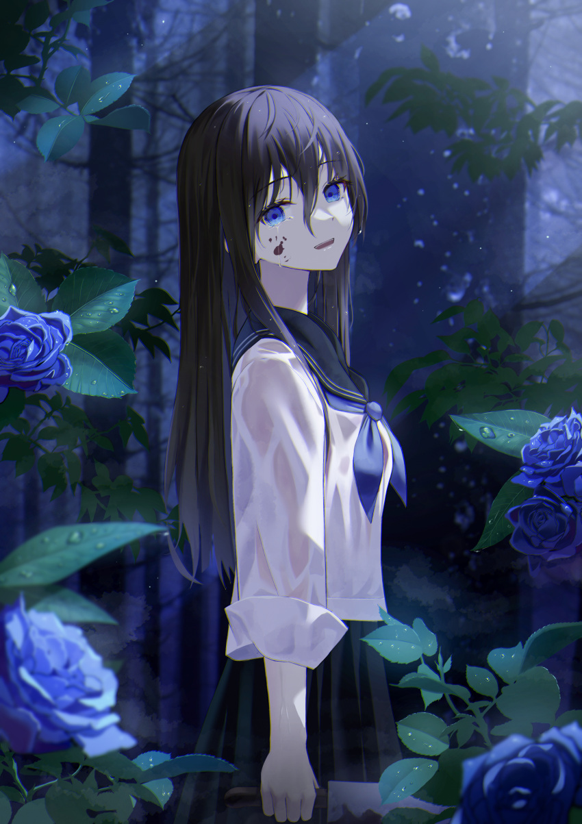 1girl :d absurdres bangs black_hair black_sailor_collar blood blood_on_face blue_eyes blue_flower blue_neckerchief blue_rose breasts crying crying_with_eyes_open flower from_side hair_between_eyes highres hyonee long_hair long_sleeves looking_at_viewer looking_to_the_side neckerchief night original outdoors rain rose sailor_collar see-through shirt small_breasts smile solo standing tears tree very_long_hair wet wet_clothes wet_shirt white_shirt yandere