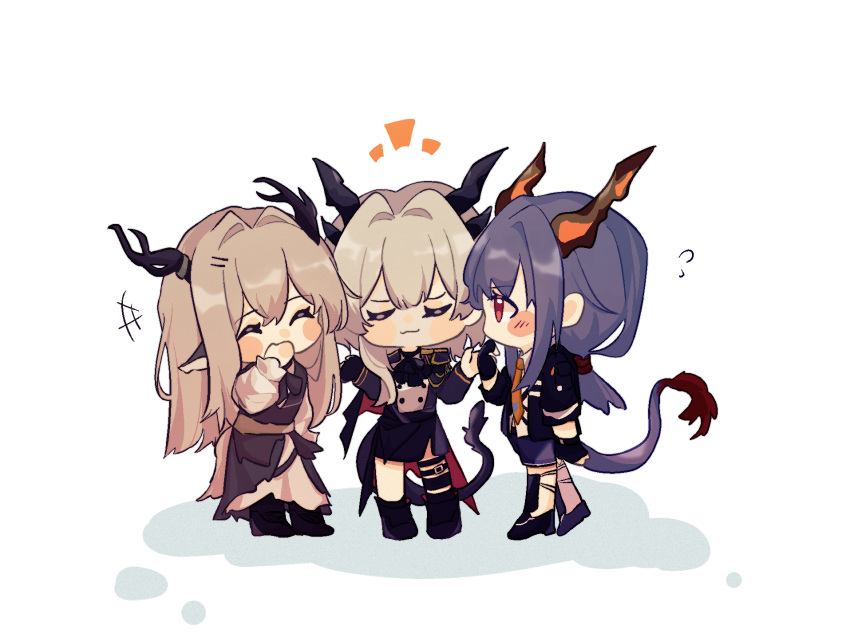 +++ 3girls alina_(arknights) arknights bangs black_dress black_footwear black_gloves black_jacket black_shorts black_skirt blue_hair blush_stickers boots brown_hair ch'en_(arknights) chibi closed_eyes closed_mouth collared_shirt commentary_request dragon_girl dragon_horns dragon_tail dress fingerless_gloves flying_sweatdrops gloves guodzidongxian hair_between_eyes hair_intakes hand_to_own_mouth highres horns jacket long_hair long_sleeves multiple_girls necktie notice_lines orange_necktie profile puffy_long_sleeves puffy_sleeves red_eyes shadow shirt shoes short_shorts shorts shrugging single_glove skirt standing tail talulah_(arknights) very_long_hair white_background white_shirt