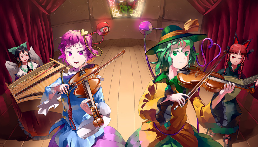 4girls animal_ears bow cape cat_ears fisheye green_bow green_eyes green_hair green_skirt guitar hair_ornament heart heart_hair_ornament heart_of_string holding holding_instrument indoors instrument kaenbyou_rin komeiji_koishi komeiji_satori light_particles multiple_girls music piano pink_hair playing_instrument redhead reiuji_utsuho riki6 shirt skirt third_eye touhou violin white_cape wings yellow_shirt