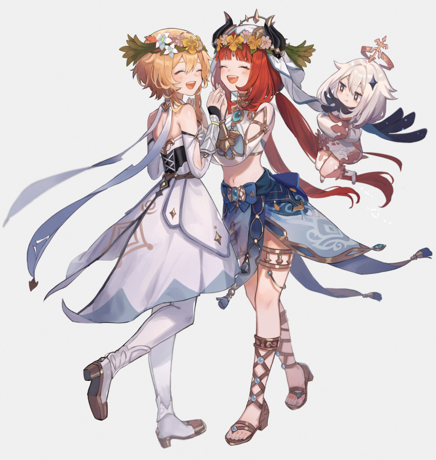 3girls ^_^ ^o^ bangs bare_shoulders blonde_hair blue_skirt blush brooch circlet closed_eyes closed_mouth clothing_cutout crop_top dress flower full_body genshin_impact gladiator_sandals gold_footwear gold_trim hair_flower hair_ornament happy head_wreath high_heels highres horns jewelry kino_(m6t2a) legs long_hair long_sleeves looking_at_another lumine_(genshin_impact) midriff multiple_girls navel neck_ring nilou_(genshin_impact) open_mouth paimon_(genshin_impact) parted_bangs puffy_long_sleeves puffy_sleeves redhead sandals scarf short_hair_with_long_locks sidelocks simple_background skirt standing standing_on_one_leg stomach thighlet toes veil white_background white_dress white_hair wreath