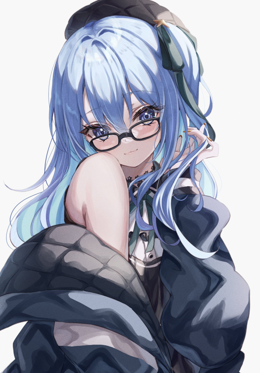 1girl :3 adjusting_hair bangs bare_shoulders beret bespectacled black-framed_eyewear blue_eyes blue_hair blue_jacket glasses green_ribbon grey_headwear hair_between_eyes hat highres hololive hoshimachi_suisei jacket long_hair looking_at_viewer neck_ribbon one_side_up padded_jacket ribbon sa-ya2 shirt simple_background sleeveless sleeveless_shirt smile solo star_(symbol) star_in_eye symbol_in_eye upper_body virtual_youtuber white_background