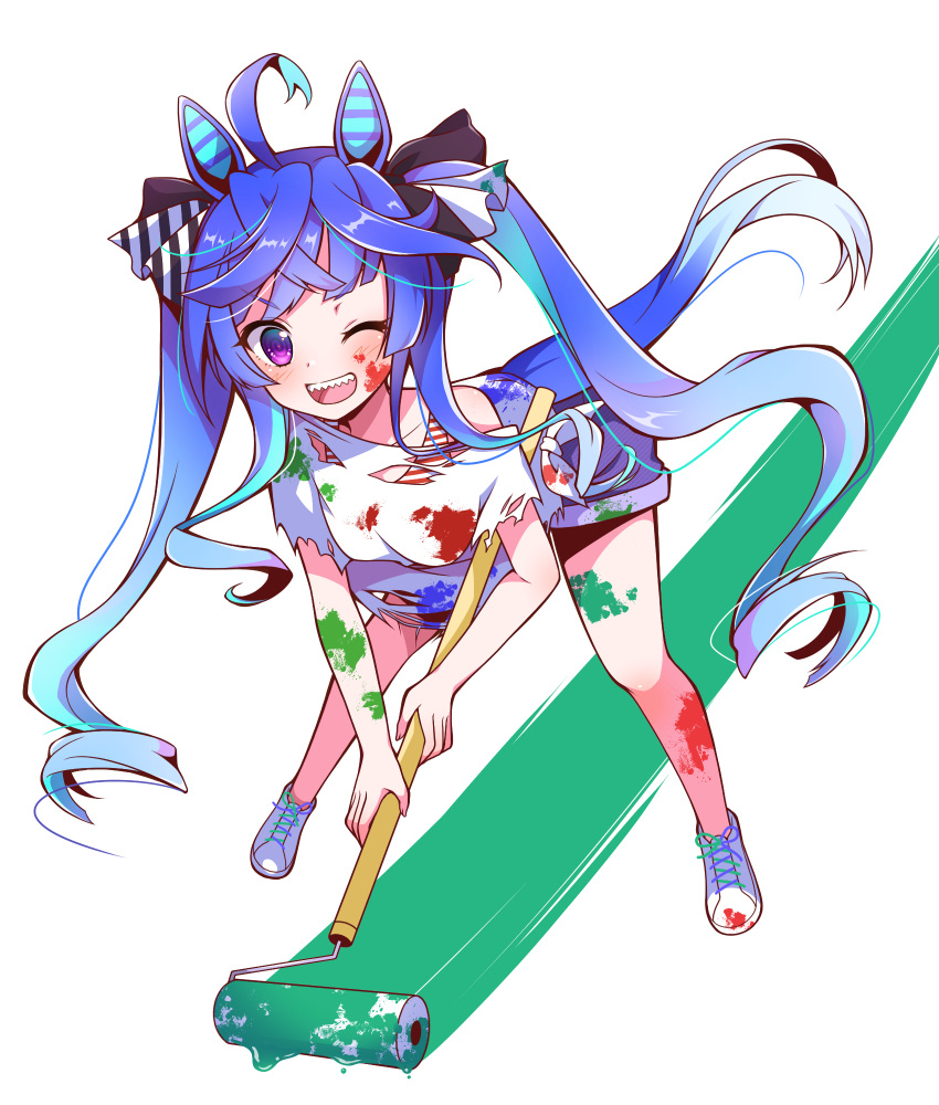 1girl ;d ahoge animal_ears aqua_hair bangs black_ribbon blue_hair blue_shorts commentary_request cross-laced_footwear gradient_hair grey_footwear hair_ribbon heterochromia highres holding horse_ears horse_girl horse_tail kuma_no_omimi leaning_forward long_hair looking_at_viewer multicolored_hair one_eye_closed open_mouth paint_on_body paint_on_clothes paint_roller painting_(action) partial_commentary ribbon sharp_teeth shirt shirt_straps shoes short_shorts short_sleeves shorts sidelocks simple_background smile sneakers solo standing t-shirt tail teeth torn_clothes torn_shirt twin_turbo_(umamusume) twintails umamusume violet_eyes white_background white_shirt
