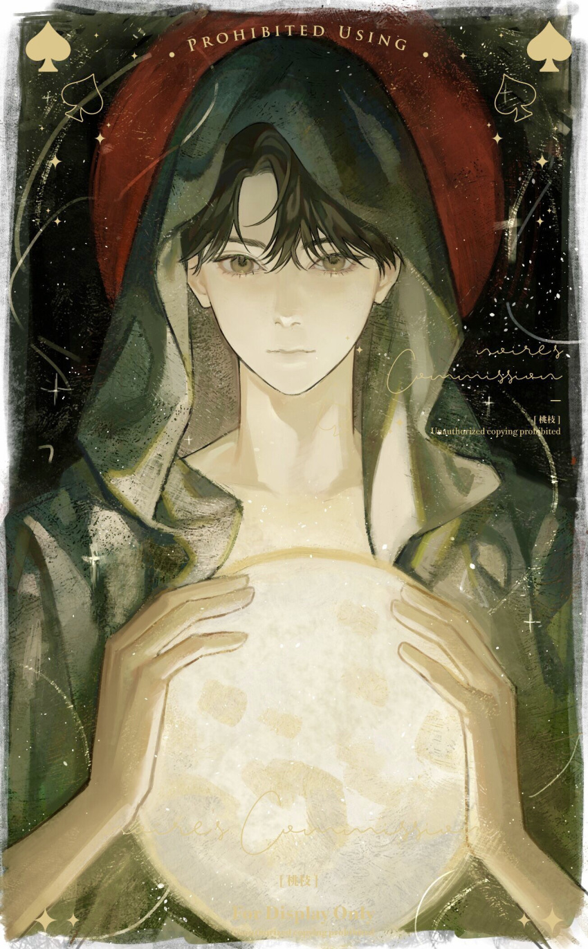 1boy bangs black_hair brown_eyes chinese_commentary cloak collarbone commentary_request english_text halo highres holding hood hooded_cloak klein_moretti lips looking_at_viewer lord_of_the_mysteries moon qianyeyajizi red_moon solo spade_(shape) star_(symbol) watermark