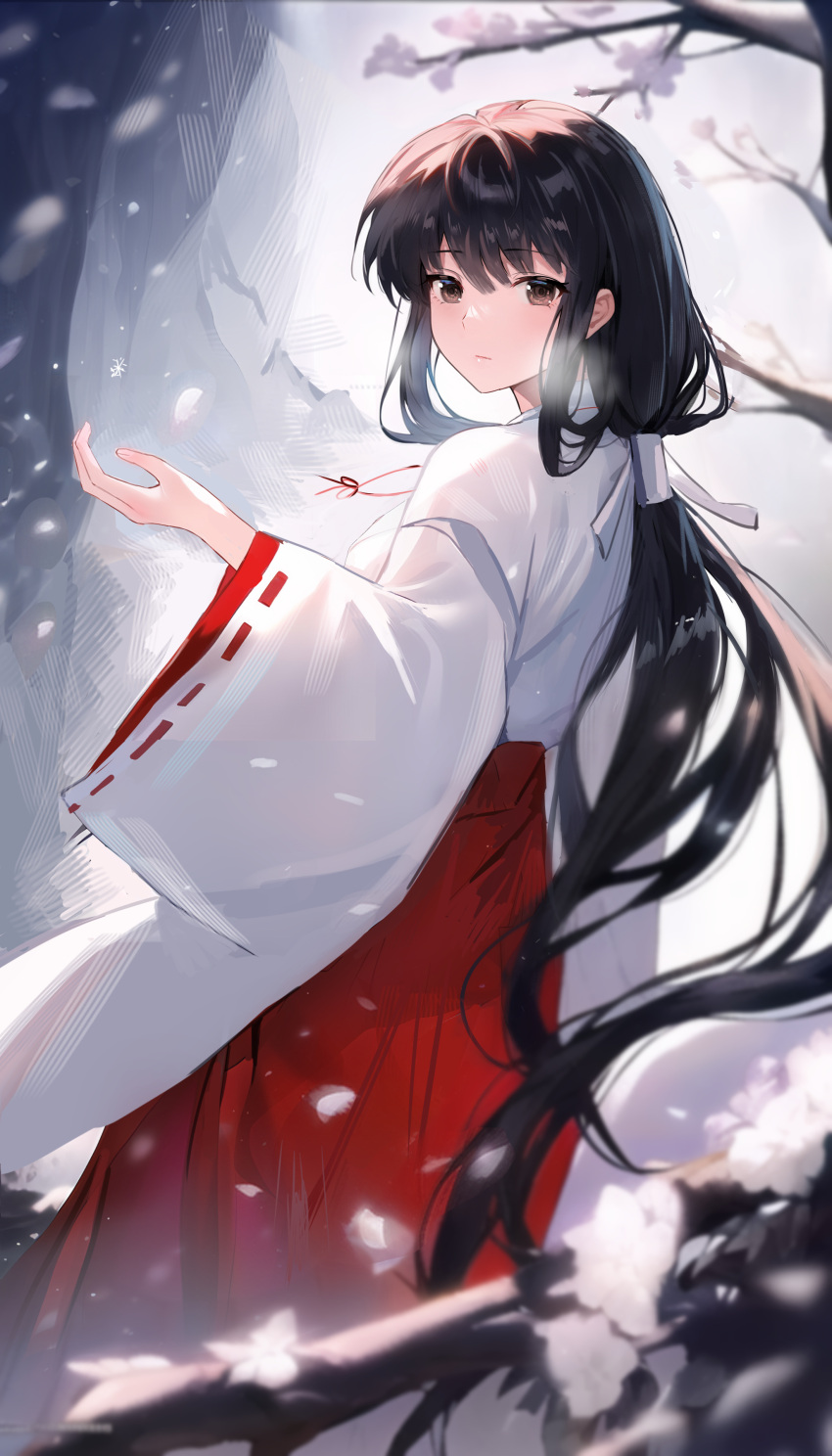 1girl absurdres bangs bare_tree black_hair blush brown_eyes closed_mouth day feet_out_of_frame from_behind hakama hand_up highres inuyasha japanese_clothes kikyou_(inuyasha) kimono long_hair long_sleeves looking_at_viewer looking_back outdoors red_hakama ribbon-trimmed_sleeves ribbon_trim shanguier snow snowing solo standing tree very_long_hair white_kimono wide_sleeves winter