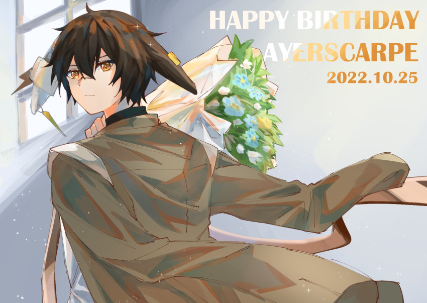 1boy animal_ears arknights ayerscarpe_(arknights) bangs bouquet character_name dated earrings happy_birthday highres holding holding_bouquet jacket jacket_on_shoulders jewelry looking_at_viewer looking_back lop_rabbit_ears male_focus orange_eyes piercing rabbit_boy rabbit_ears reiya_(yukeewoof) scar scar_on_face scar_on_nose shirt simple_background single_earring solo sparkle upper_body white_shirt window