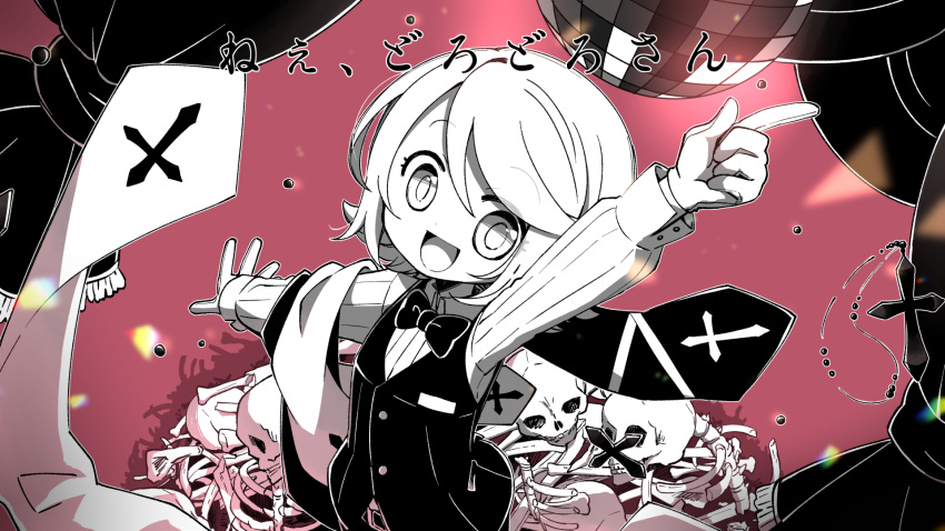 1girl 2019 bangs black_bow black_bowtie bone bow bowtie cross gloves highres kagamine_rin long_sleeves looking_at_viewer medium_hair najo nee_dorodoro-san_(vocaloid) open_mouth partially_colored pile_of_skulls pointing pointing_up skeleton skull smile solo standing vest vocaloid white_gloves