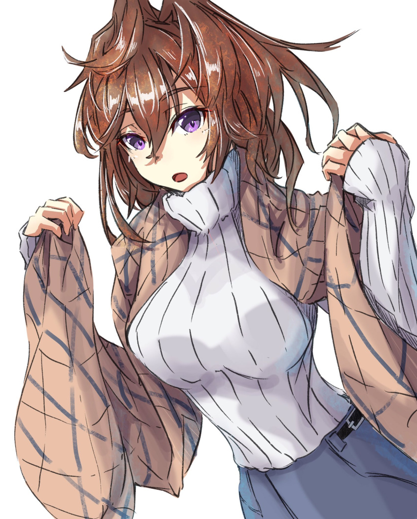 1girl alternate_costume alternate_eye_color breasts brown_hair brown_shawl highres kantai_collection large_breasts long_hair long_sleeves messy_hair shawl sheffield_(kancolle) simple_background solo sweater tonke turtleneck turtleneck_sweater violet_eyes white_background white_sweater