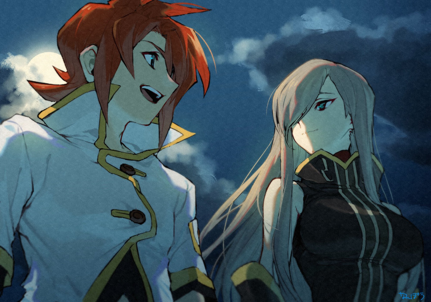 1boy 1girl bangs bare_shoulders blue_eyes breasts brown_hair clouds cloudy_sky detached_sleeves dress full_moon green_eyes hair_over_one_eye high_collar highres large_breasts long_hair looking_at_another luke_fon_fabre moon nanpou_(nanpou0021) night night_sky outdoors redhead sky sleeveless sleeveless_dress tales_of_(series) tear_grants upper_body