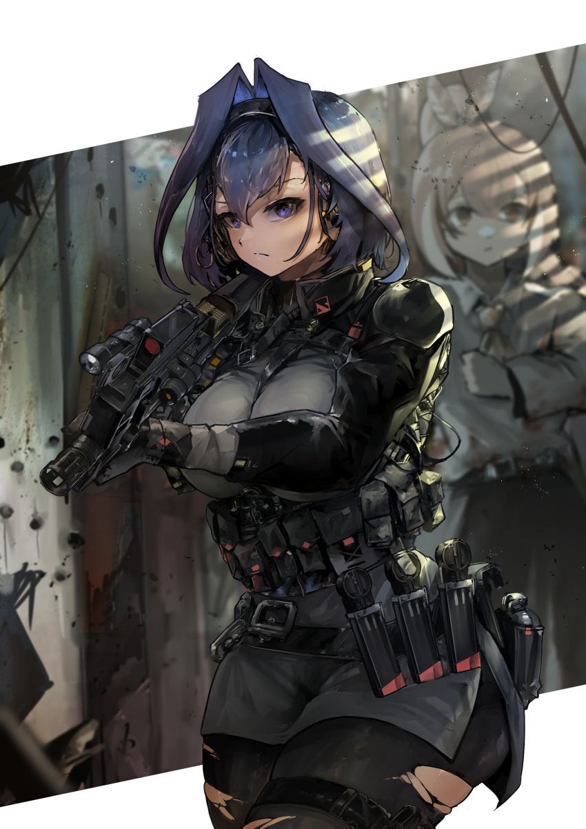 2girls absurdres assault_rifle bangs blue_eyes blue_hair bodyguard brown_eyes brown_hair clip_(weapon) feather_hair_ornament feathers flashlight gloves gun hair_intakes hair_ornament handgun headset highres holding holding_gun holding_weapon hololive hololive_english load_bearing_vest long_hair magazine_(weapon) military military_operator multicolored_hair multiple_girls nanashi_mumei ouro_kronii pantyhose ponytail rifle short_hair streaked_hair uniform virtual_youtuber vyragami weapon