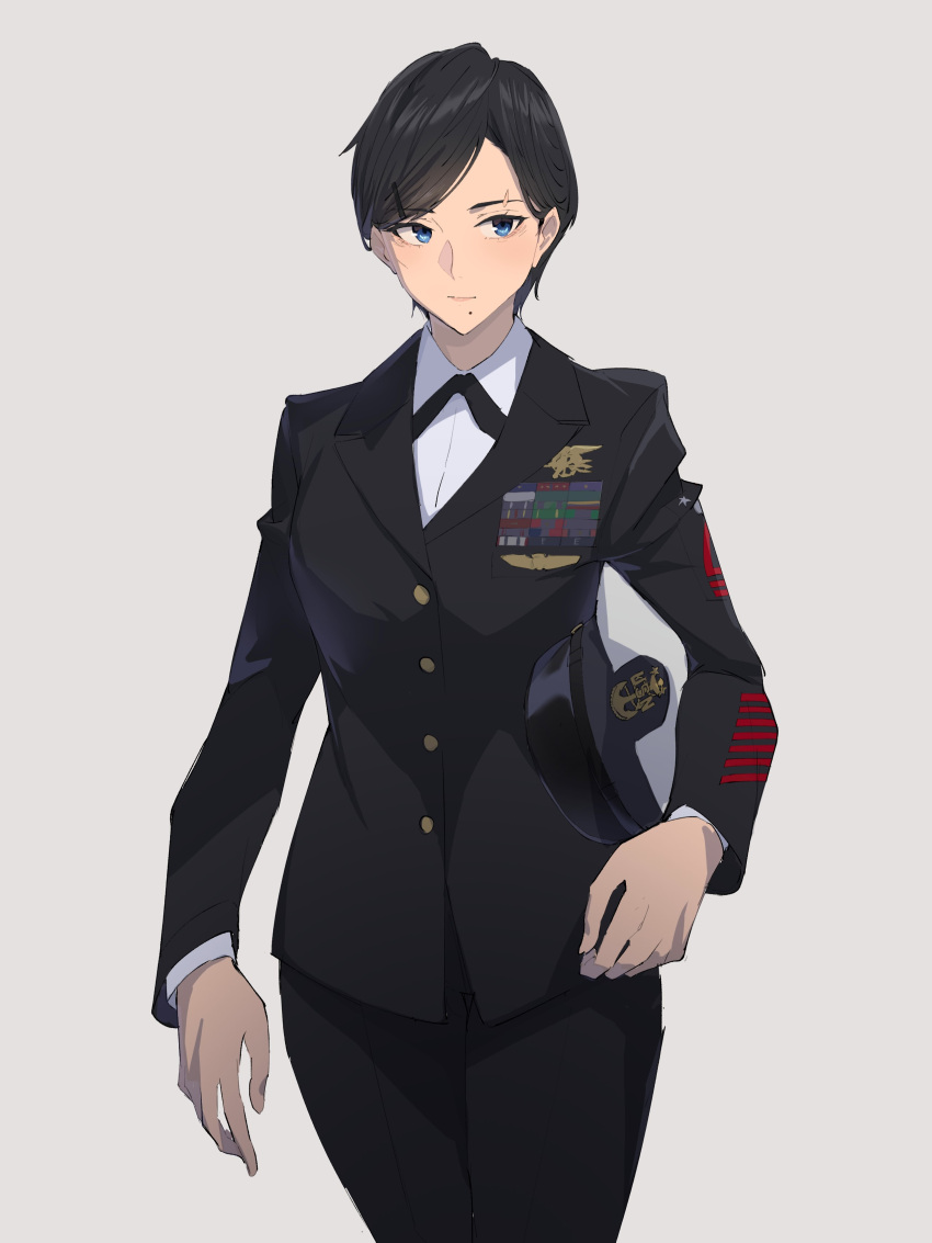 1girl absurdres bangs black_hair black_jacket blue_eyes carrying carrying_under_arm dress_uniform eyebrow_cut grey_background hair_ornament hairclip hat hat_removed headwear_removed highres jacket looking_to_the_side military_hat mole mole_under_mouth original pen_guin15 shirt solo swept_bangs white_shirt