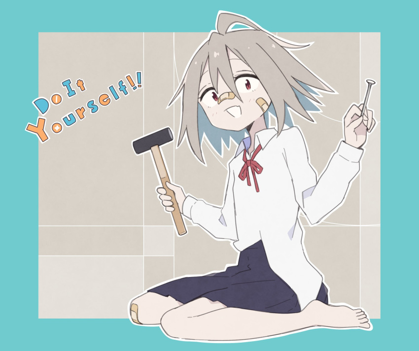 1girl ahoge bandaid bandaid_on_face bandaid_on_knee bandaid_on_leg bandaid_on_nose barefoot blue_skirt brown_hair collared_shirt colored_inner_hair copyright_name do_it_yourself!! hair_between_eyes hammer hands_up highres holding holding_hammer huge_ahoge icon_315 long_sleeves looking_at_viewer multicolored_hair nail neck_ribbon pleated_skirt red_eyes red_ribbon ribbon school_uniform shirt short_hair sitting skirt smile solo toes untucked_shirt wariza white_shirt yua_serufu