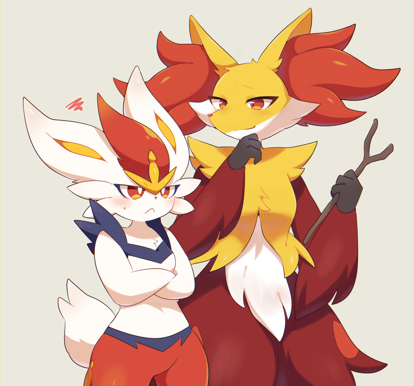 2girls :&lt; absurdres animal_ears animal_nose annoyed blue_fur blush body_fur breasts bright_pupils chromatic_aberration cinderace closed_mouth commentary_request cowboy_shot crossed_arms delphox furry furry_female half-closed_eyes hand_to_own_mouth hands_up height_conscious height_difference highres holding holding_stick looking_at_another multicolored_fur multiple_girls partial_commentary pokemon pokemon_(creature) rabbit_ears rabbit_girl rabbit_tail red_eyes red_fur redhead short_hair sideways_mouth small_breasts smile snout squiggle standing stick subaru331 sweat tail white_fur white_pupils yellow_fur