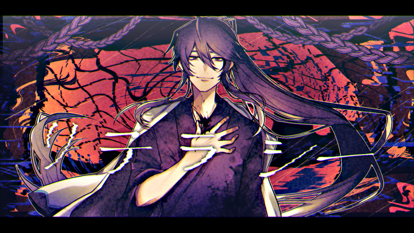 1boy blood braid closed_mouth coat coat_on_shoulders distortion empty_eyes hair_between_eyes hand_on_own_chest hand_up highres japanese_clothes ka_ice_ha kamui_gakupo kimono long_hair looking_at_viewer male_focus no_headwear ponytail purple_hair smile solo very_long_hair violet_eyes vocaloid