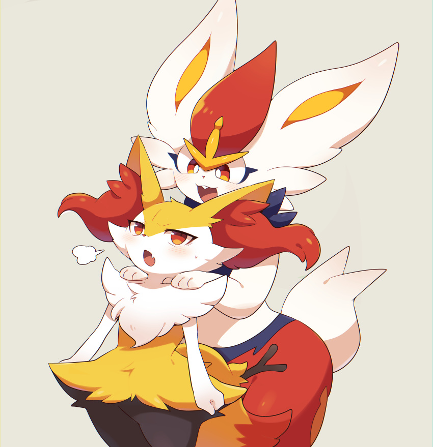 2girls :3 =3 absurdres animal_ears animal_nose annoyed arms_at_sides black_fur blue_fur blush body_fur braixen bright_pupils buck_teeth chromatic_aberration cinderace clenched_hand commentary_request cowboy_shot eye_contact fang flat_chest fur_collar furry furry_female half-closed_eyes hands_on_another's_shoulders happy height_conscious height_difference highres looking_at_another looking_back looking_up multicolored_fur multiple_girls open_mouth partial_commentary pokemon pokemon_(creature) rabbit_ears rabbit_girl rabbit_tail red_fur redhead short_hair skin_fang smile standing stick subaru331 sweat tail teeth white_fur white_pupils yellow_fur