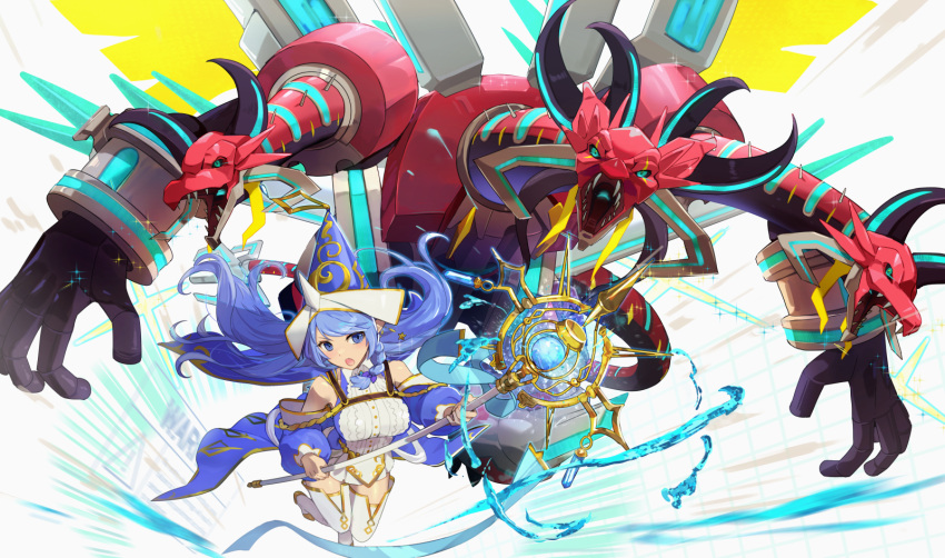 1girl blue_eyes blue_hair borrelend_dragon braid detached_sleeves dragon duel_monster elf hat highres horns hsin long_hair multiple_heads open_mouth pointy_ears pointy_hat side_braid staff thigh-highs water water_enchantress_of_the_temple white_thighhighs wizard_hat yu-gi-oh! zettai_ryouiki