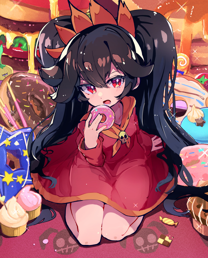 1girl ashley_(warioware) big_hair black_hair burger candy checkerboard_cookie chocolate_doughnut cookie cupcake doughnut dress eating food french_cruller hairband highres hirotaka_(hrtk990203) kneeling long_hair long_sleeves looking_at_viewer neckerchief old-fashioned_doughnut open_mouth orange_hairband orange_neckerchief pancake pancake_stack red_dress red_eyes sailor_collar skull skull_ornament solo stuffed_animal stuffed_bunny stuffed_toy syrup twintails very_long_hair warioware yellow_sailor_collar