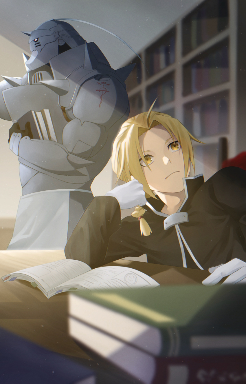 2boys absurdres ahoge alphonse_elric armor blonde_hair book braid braided_ponytail chair coat edward_elric fullmetal_alchemist gloves helmet highres holding holding_book kinaco_4738 library looking_to_the_side multiple_boys short_hair sitting standing white_gloves yellow_eyes
