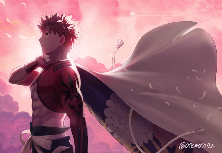 1boy bird clouds emiya_shirou fate/grand_order fate_(series) feathers from_side highres igote light moto_(otemoto02) parted_lips redhead senji_muramasa_(fate) tassel toned toned_male twitter_username upper_body wristband yellow_eyes