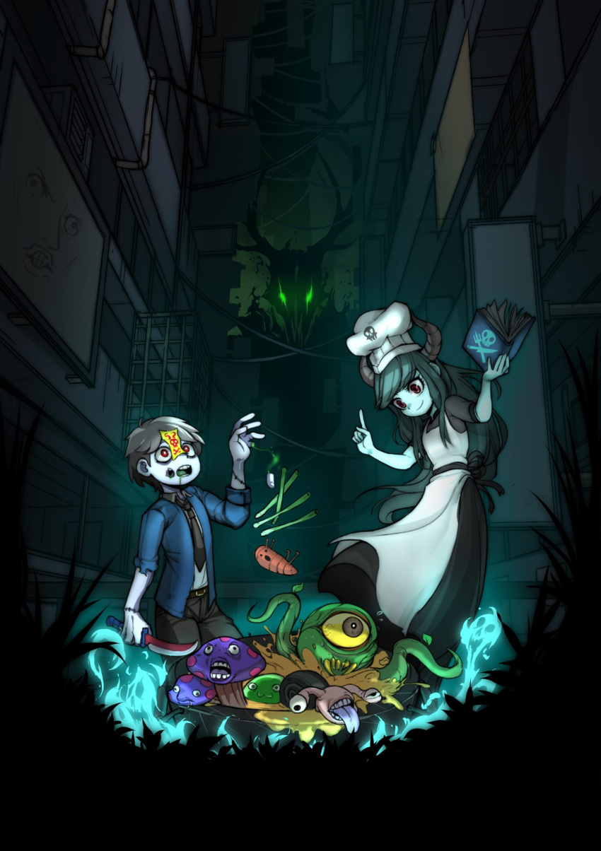 1boy 1girl apron black_dress black_hair blue_hair blue_vest book chef_hat collared_shirt cooking dress dungeon_munchies ghost grill_(dungeon_munchies) hat highres holding holding_book holding_knife horns knife long_hair monster mushroom necktie non-web_source ofuda ofuda_on_head open_mouth pale_skin pants red_eyes scofa shirt short_hair simmer_(dungeon_munchies) vest white_apron zombie zombie_(dungeon_munchies)