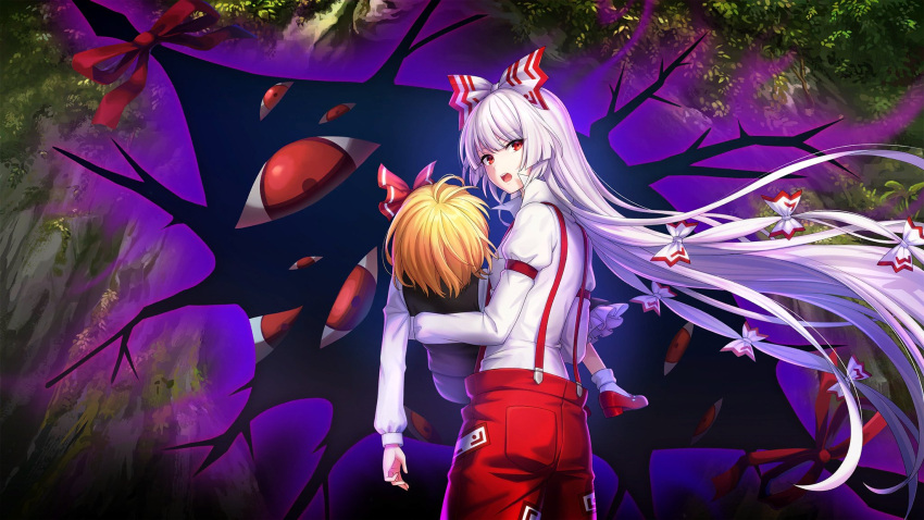 2girls artist_request bamboo bamboo_forest bow forest fujiwara_no_mokou gap_(touhou) hair_bow hair_ribbon highres long_hair multiple_girls nature night outdoors pants red_eyes red_pants ribbon rumia second-party_source shirt suspenders touhou tree very_long_hair