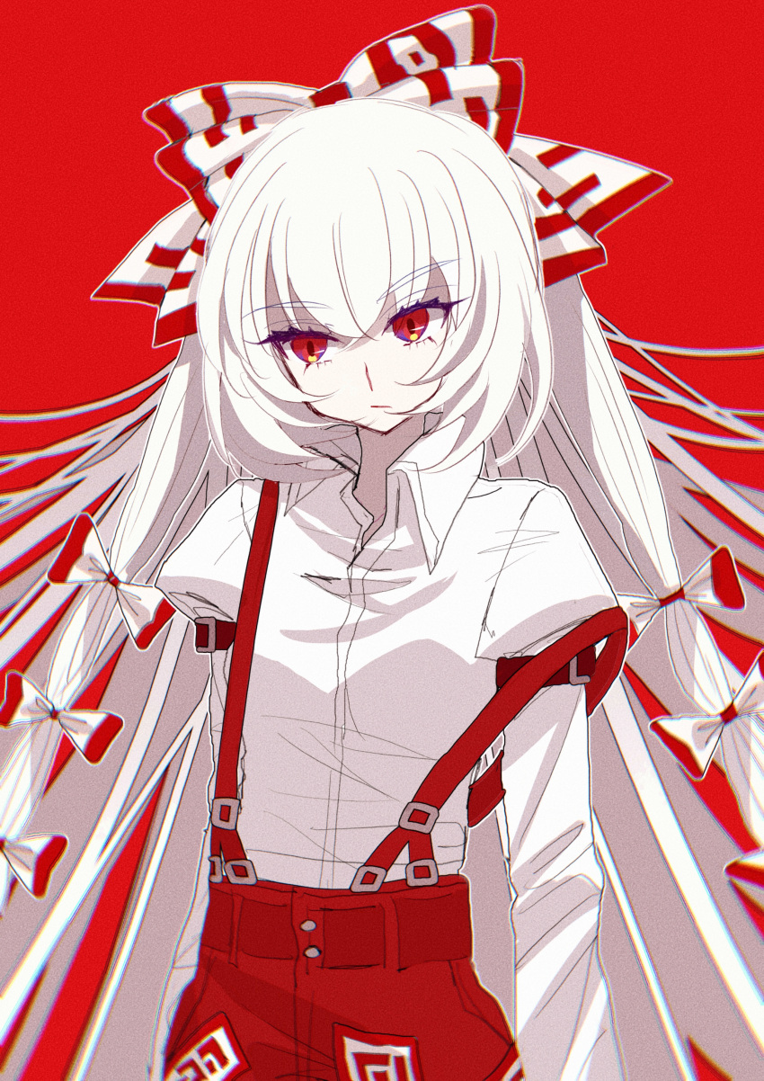 1girl :/ absurdres bow closed_mouth collared_shirt commentary fujiwara_no_mokou hair_between_eyes hair_bow highres juliet_sleeves long_hair long_sleeves looking_away ofuda ofuda_on_clothes pants puffy_sleeves red_background red_eyes red_pants shirt shocho_(shaojiujiu) simple_background solo suspenders touhou upper_body very_long_hair white_bow white_hair white_shirt