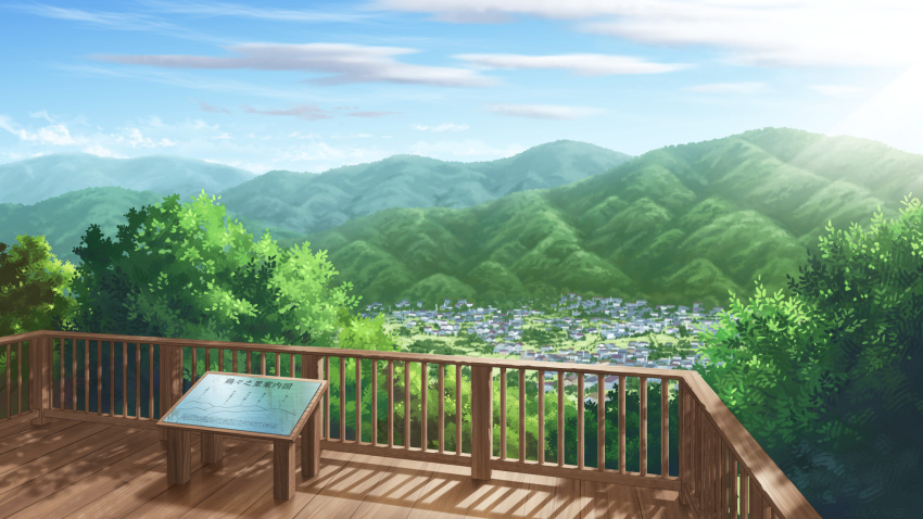 blue_sky building clouds commentary_request day forest highres hiraisaki house landscape leaf looking_at_viewer mountain nature no_humans observation_deck original outdoors plaque railing scenery shadow sky tree