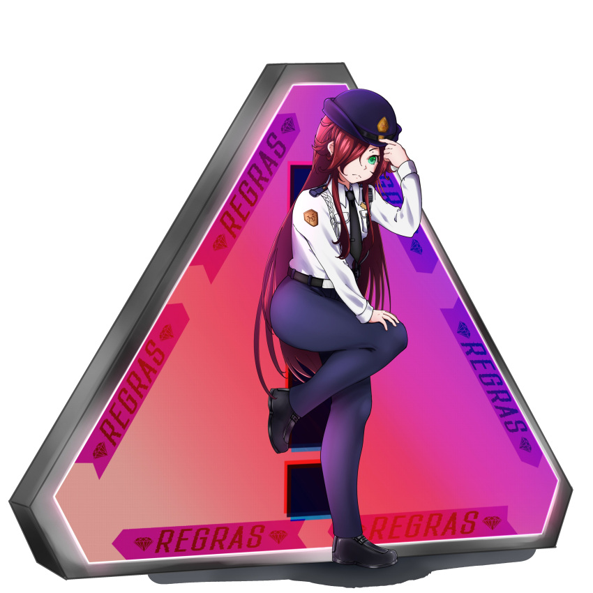 1other absurdres agasunott belt breasts clover clover-shaped_pupils four-leaf_clover green_eyes hair_over_one_eye hat highres indie_virtual_youtuber long_hair nerd_(vtuber) police police_hat police_uniform redhead small_breasts symbol-shaped_pupils uniform virtual_youtuber