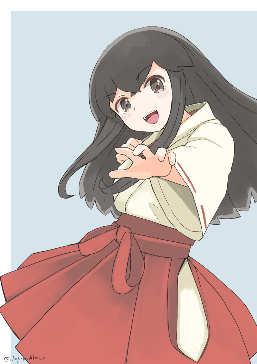 absurdres akagi_(kancolle) brown_eyes brown_hair commentary_request cowboy_shot foreshortening grey_background hakama hakama_skirt highres hip_vent japanese_clothes kantai_collection long_hair one-hour_drawing_challenge reaching_out red_hakama skirt smile straight_hair toplow