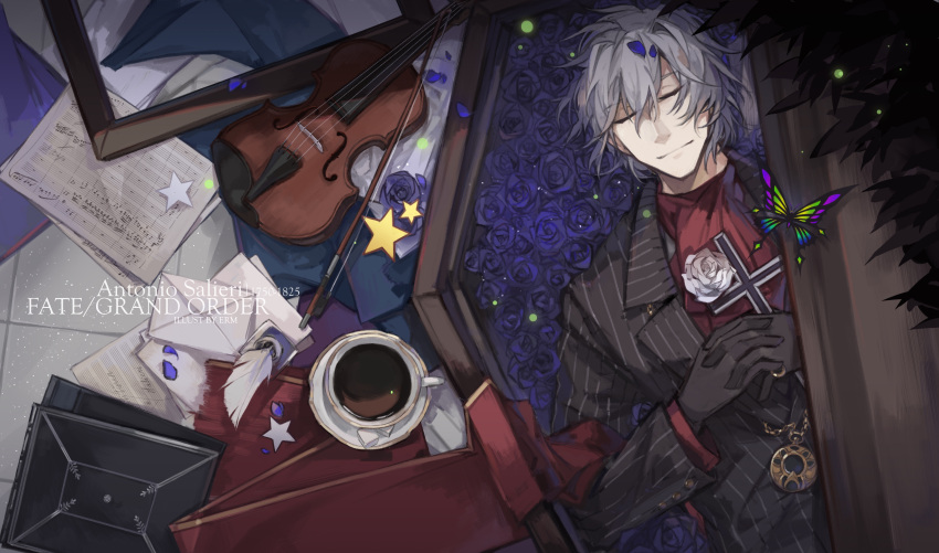 1boy absurdres antonio_salieri_(fate) antonio_salieri_(second_ascension)_(fate) ascot black_gloves black_jacket blue_flower blue_rose bug butterfly closed_eyes coffee coffin cross cup empty_picture_frame erm_(doubledream) fate/grand_order fate_(series) flower from_above gloves grey_hair hair_between_eyes highres holding holding_cross instrument interlocked_fingers jacket letter light_smile lying male_focus medallion on_back own_hands_together petals picture_frame pinstripe_jacket pinstripe_pattern quill red_ascot rose saucer sheet_music short_hair solo star_(symbol) striped teacup upper_body violin white_flower white_rose