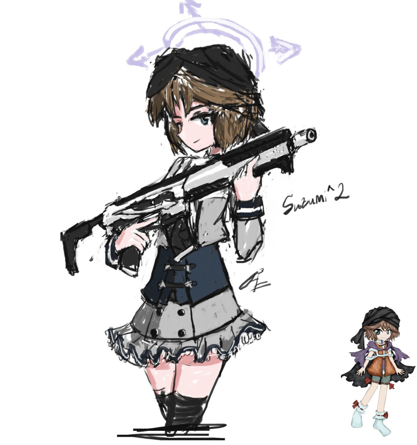 1other androgynous black_thighhighs blue_archive blue_eyes brown_hair closed_mouth commentary cosplay english_commentary frilled_skirt frills grey_jacket grey_skirt gun highres holding holding_gun holding_weapon jacket kuzu_suzumi len'en long_sleeves medrif name_connection reference_inset simple_background sketch skirt smile suzumi_(blue_archive) suzumi_(blue_archive)_(cosplay) thigh-highs turban weapon white_background