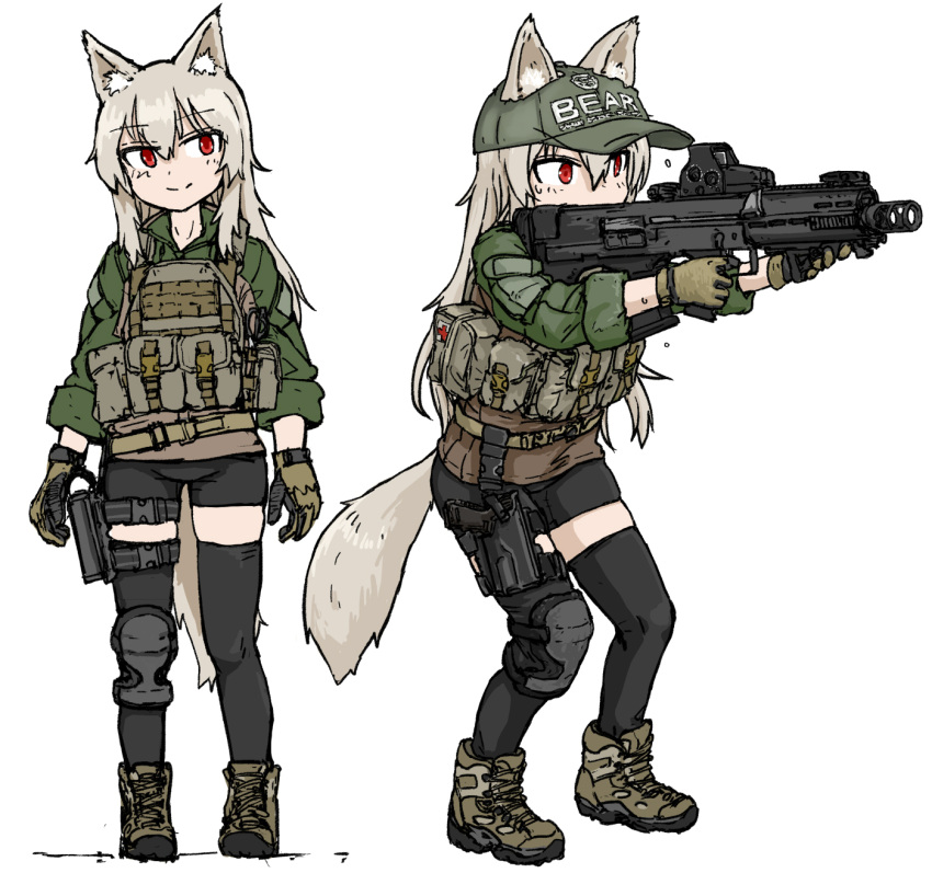 1girl 2022 aiming animal_ear_fluff animal_ears ash-12.7_(girls'_frontline) assault_rifle bangs closed_mouth dutchko escape_from_tarkov fox_ears fox_tail full_body gloves grey_hair gun hair_between_eyes hat highres holding holding_gun holding_weapon long_sleeves military multiple_views red_eyes rifle shoes shorts smile solo standing tail thigh-highs weapon