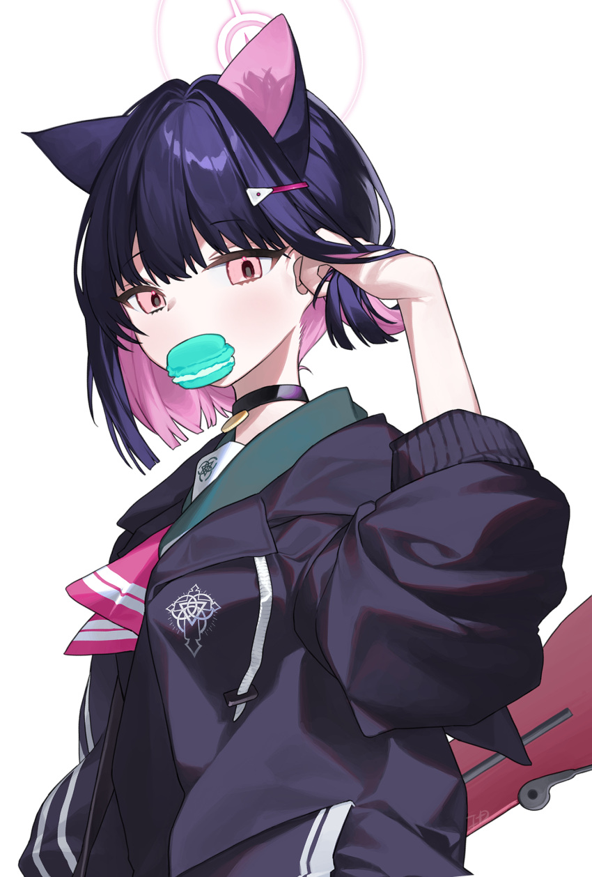 1girl animal_ears bangs black_choker black_hair black_jacket blue_archive choker colored_inner_hair extra_ears food_in_mouth halo hand_up highres jacket kazusa_(blue_archive) long_sleeves looking_at_viewer mouth_hold multicolored_hair photoshop_(medium) pink_eyes simple_background solo tiko_(idadsa91) two-tone_hair upper_body white_background