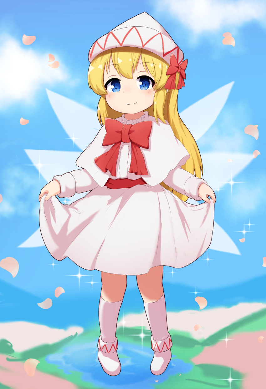 1girl absurdres blonde_hair blue_eyes blush capelet cherry_blossoms closed_mouth clothes_lift day diffraction_spikes dress fairy fairy_wings falling_petals ferdy's_lab full_body hair_between_eyes hat highres lifted_by_self lily_white long_hair long_sleeves petals shoes skirt_hold smile socks solo touhou white_capelet white_dress white_footwear white_headwear white_socks wings