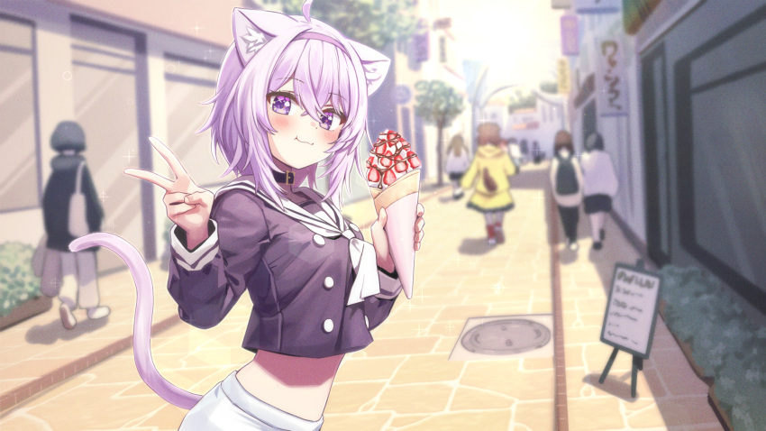 6+girls :3 ahoge animal_ear_fluff animal_ears black_choker blush brown_hair buttons cat_ears cat_girl cat_tail choker closed_mouth crepe deadnooodles dog_ears dog_tail double-breasted food fruit hairband highres holding holding_food hololive hood hoodie inugami_korone jacket long_sleeves looking_at_viewer manhole_cover menu midriff multiple_girls navel neckerchief nekomata_okayu purple_hair purple_hairband road sailor_collar school_uniform shoes short_hair skirt smile sneakers solo_focus strawberry street sunlight tail v violet_eyes virtual_youtuber walking_away white_neckerchief white_sailor_collar white_skirt yellow_jacket