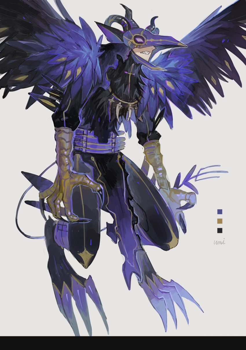 absurdres bird_mask bird_wings black_clover claws demon_horns demon_tail feathered_wings highres horns jewelry mask nacht_faust necklace purple_wings sharp_teeth tail talons teeth tsugutoku wings