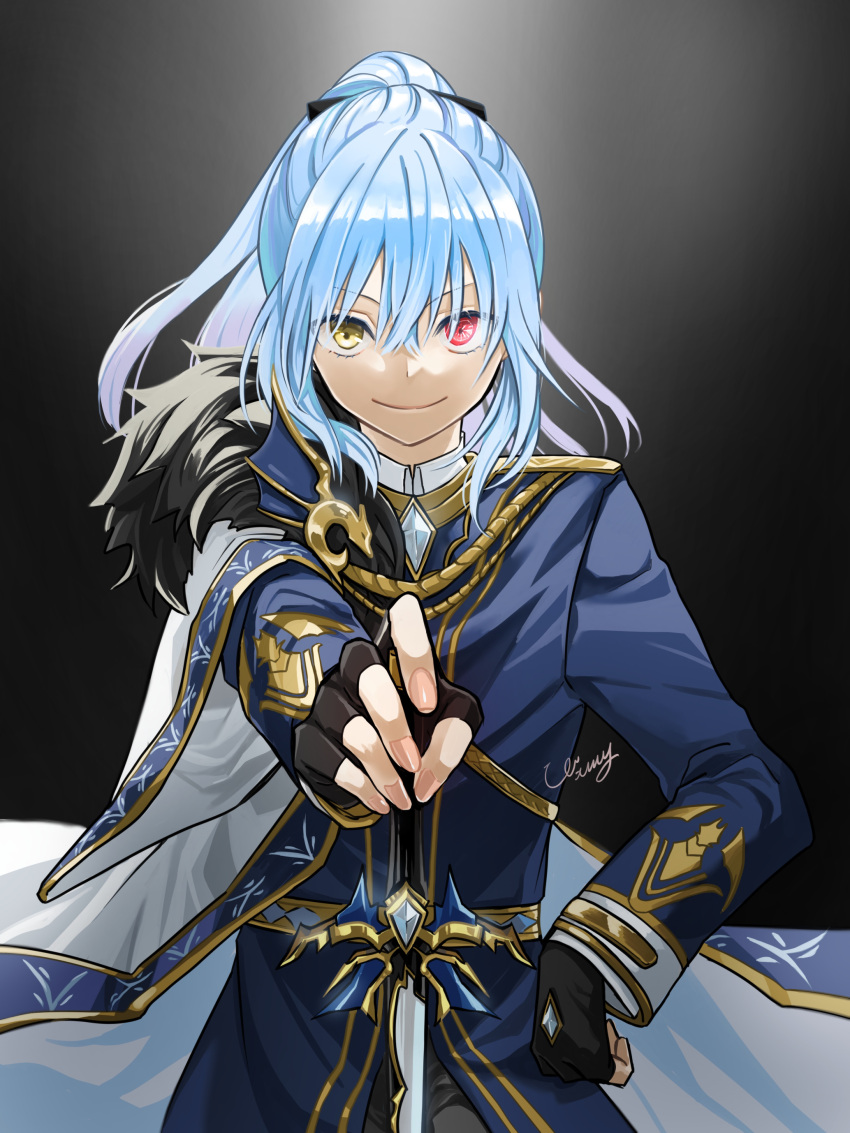 1other absurdres black_bow black_gloves blue_coat blue_hair bow closed_mouth coat floating_hair gloves hair_between_eyes hair_bow hand_on_hilt hand_on_hip heterochromia high_ponytail highres long_hair long_sleeves looking_at_viewer red_eyes rimuru_tempest shiny shiny_hair signature smile standing sword tensei_shitara_slime_datta_ken wata_miya_(shiro_momen) weapon yellow_eyes