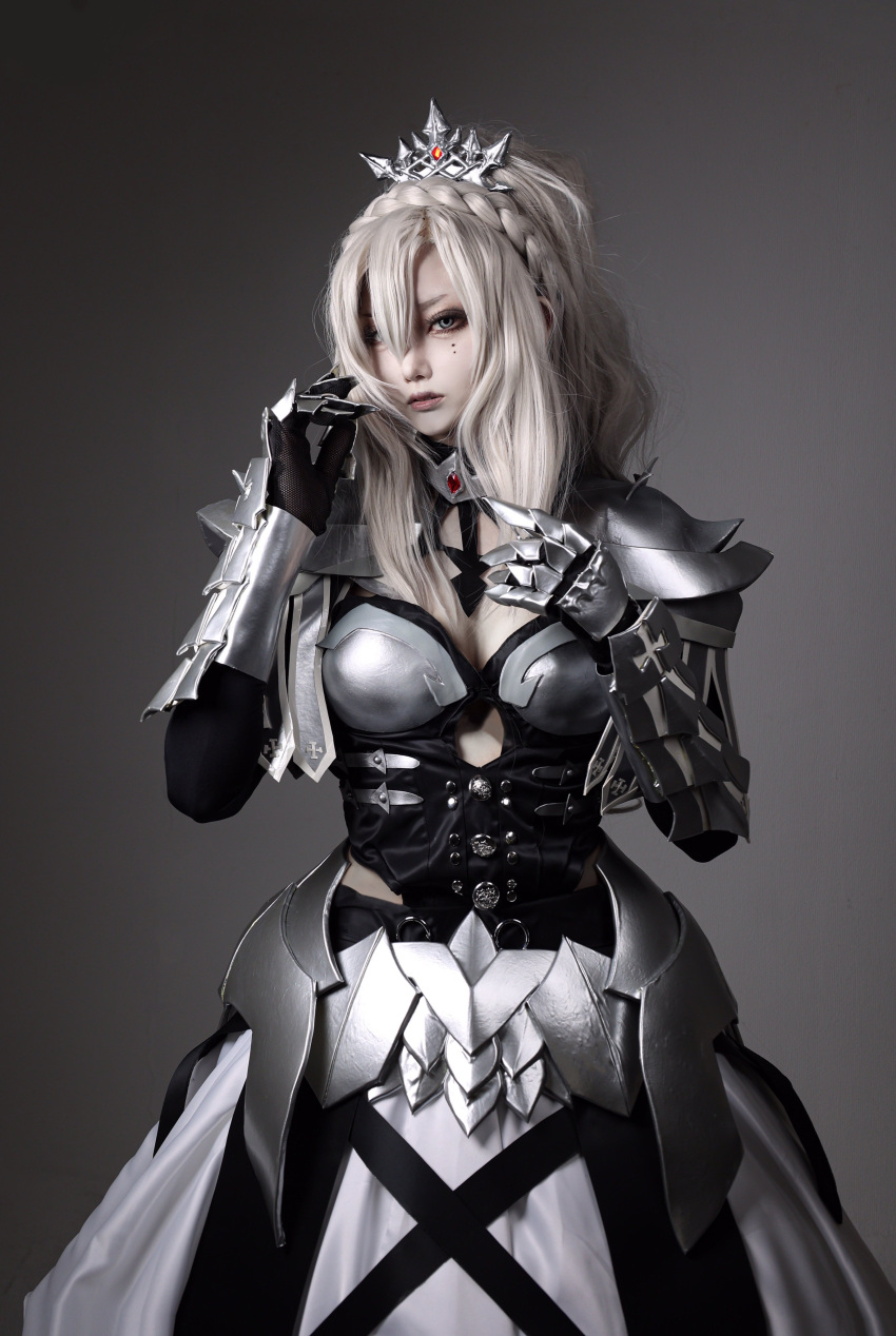 1girl absurdres armor blonde_hair breastplate breasts closed_mouth cosplay cosplay_photo cowboy_shot fate/grand_order fate_(series) gauntlets gloves hair_between_eyes highres kriemhild_(fate) kriemhild_(fate)_(cosplay) long_hair long_sleeves looking_at_viewer medium_breasts photo_(medium) rincat_m skirt solo white_skirt