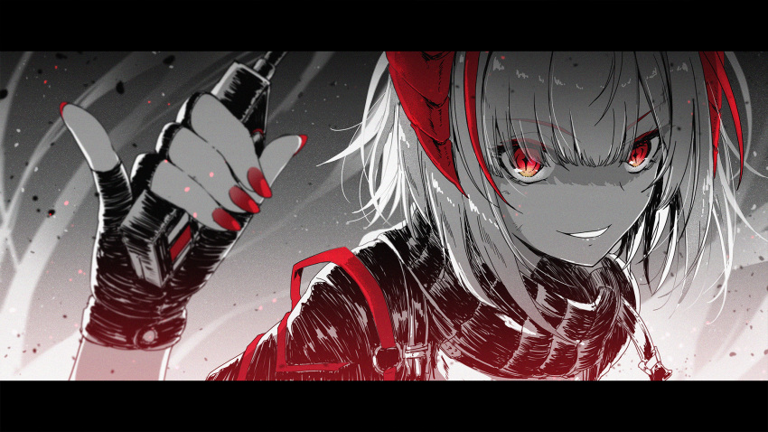 1girl arknights bangs black_gloves black_scarf denken detonator fingerless_gloves fingernails gloves grey_hair highres holding letterboxed limited_palette long_fingernails looking_at_viewer multicolored_hair nail_polish parted_lips red_eyes red_nails redhead scarf short_hair smile solo two-tone_hair upper_body w_(arknights)