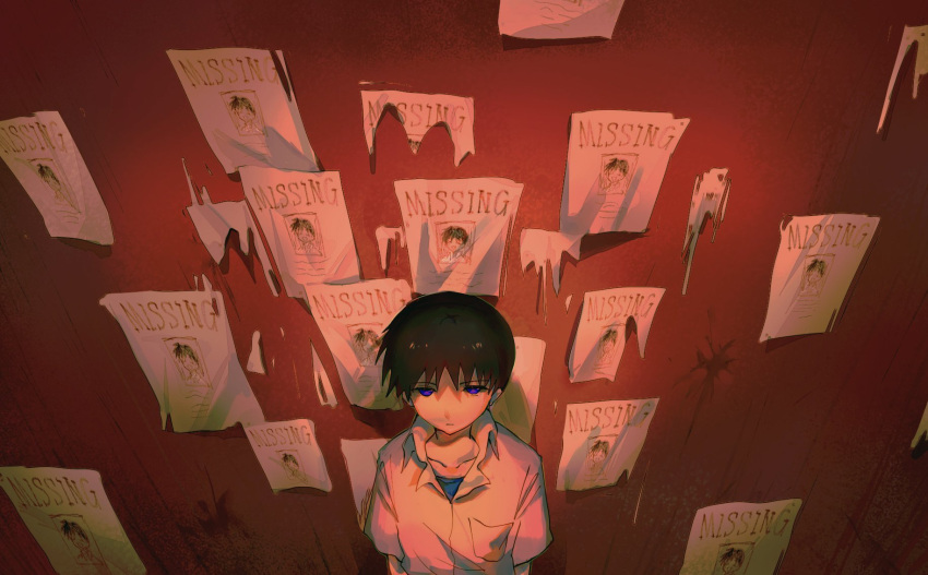 1boy against_wall bangs black_hair chun_baii collarbone expressionless from_above highres ikari_shinji looking_at_viewer looking_up male_focus missing_poster neon_genesis_evangelion pocket poster_(object) shirt short_hair short_sleeves solo standing torn upper_body violet_eyes white_shirt